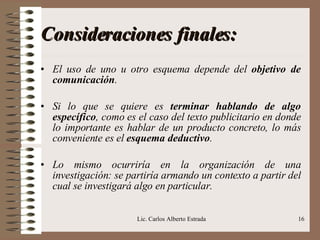 Consideraciones finales: El uso de uno u otro esquema depende del  objetivo de comunicación . Si lo que se quiere es  terminar   hablando de algo específico , como es el caso del texto publicitario en donde lo importante es hablar de un producto concreto, lo más conveniente es el  esquema deductivo . Lo mismo ocurriría en la organización de una investigación: se partiría armando un contexto a partir del cual se investigará algo en particular. Lic. Carlos Alberto Estrada 