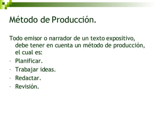 Método de Producción. Todo emisor o narrador de un texto expositivo, debe tener en cuenta un método de producción, el cual es: Planificar. Trabajar ideas. Redactar. Revisión. 