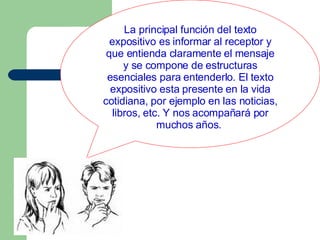 La principal función del texto expositivo es informar al receptor y que entienda claramente el mensaje y se compone de estructuras esenciales para entenderlo. El texto expositivo esta presente en la vida cotidiana, por ejemplo en las noticias, libros, etc. Y nos acompañará por muchos años.   