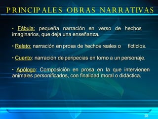 PRINCIPALES OBRAS NARRATIVAS Fábula:  pequeña narración en verso de hechos  imaginarios, que deja una enseñanza. Relato:  narración en prosa de hechos reales o  ficticios. Cuento : narración de peripecias en torno a un personaje. Apólogo : Composición en prosa en la que intervienen animales personificados, con finalidad moral o didáctica. 18 