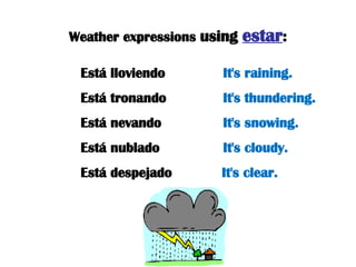 Weather expressions  using  estar : Está lloviendo  It's raining. Está tronando  It's thundering. Está nevando  It's snowing. Está nublado  It's cloudy. Está despejado  It's clear. 