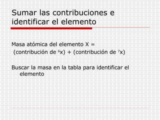 Sumar las contribuciones e identificar el elemento Masa atómica del elemento X = (contribución de  6 x) + (contribución de  7 x) Buscar la masa en la tabla para identificar el elemento 