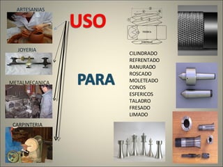 CARPINTERIA METALMECANICA JOYERIA ARTESANIAS CILINDRADO REFRENTADO RANURADO ROSCADO MOLETEADO CONOS ESFERICOS TALADRO FRESADO LIMADO