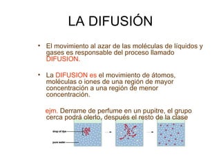LA DIFUSIÓN El movimiento al azar de las moléculas de líquidos y gases es responsable del proceso llamado  DIFUSION. La  DIFUSION es  el movimiento de átomos, moléculas o iones de una región de mayor concentración a una región de menor concentración. ejm.  Derrame de perfume en un pupitre, el grupo cerca podrá olerlo, después el resto de la clase 