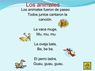 Los animales fueron de paseo Todos juntos cantaron la canción. La vaca muge, Mu, mu, mu. La oveja bala, Be, be be. El perro ladra, Guau, guau, guau. Y el pato graznará, Cua, cua, cua. Los animales 
