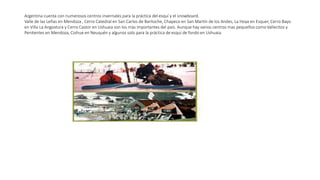 Argentina cuenta con numerosos centros invernales para la práctica del esquí y el snowboard.
Valle de las Leñas en Mendoza , Cerro Catedral en San Carlos de Bariloche, Chapeco en San Martín de los Andes, La Hoya en Esquer, Cerro Bayo
en Villa La Angostura y Cerro Castor en Ushuaia son los más importantes del país. Aunque hay varios centros mas pequeños comoVallecitos y
Penitentes en Mendoza, Coihue en Neuquén y algunos solo para la práctica de esquí de fondo en Ushuaia.
 