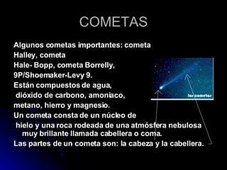 COMETAS Algunos cometas importantes: cometa  Halley, cometa  Hale- Bopp, cometa Borrelly,  9P/Shoemaker-Levy 9. Están compuestos de agua,  dióxido de carbono, amoniaco,  metano, hierro y magnesio. Un cometa consta de un núcleo de hielo y una roca rodeada de una atmósfera nebulosa muy brillante llamada cabellera o coma. Las partes de un cometa son: la cabeza y la cabellera.   