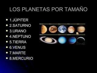LOS PLANETAS POR TAMAÑO 1.JÚPITER 2.SATURNO 3.URANO 4.NEPTUNO 5.TIERRA 6.VENUS 7.MARTE 8.MERCURIO 