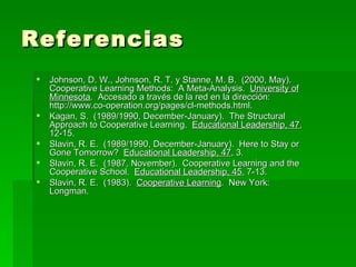 Referencias <ul><li>Johnson, D. W., Johnson, R. T. y Stanne, M. B.  (2000, May).  Cooperative Learning Methods:  A Meta-An...