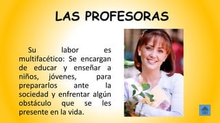 LAS PROFESORAS
Su labor es
multifacético: Se encargan
de educar y enseñar a
niños, jóvenes, para
prepararlos ante la
sociedad y enfrentar algún
obstáculo que se les
presente en la vida.
 
