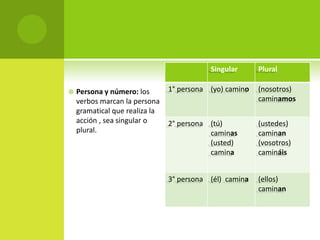  Persona y número: los
verbos marcan la persona
gramatical que realiza la
acción , sea singular o
plural.
Singular Plural
1° persona (yo) camino (nosotros)
caminamos
2° persona (tú)
caminas
(usted)
camina
(ustedes)
caminan
(vosotros)
camináis
3° persona (él) camina (ellos)
caminan
 