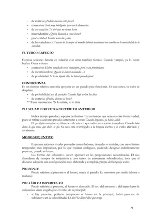 -

de cortesía ¿Podrás hacerme este favor?
concesivo: Será muy inteligente, pero no lo demuestra.
de atenuación Te diré que me tienes harto
incertidumbre ¿Quién llamará a estas horas?
probabilidad Tendrá unos diez años
de historiadores: El acceso de la mujer al mundo laboral ocasionará un cambio en la mentalidad de la
sociedad.

FUTURO PERFECTO
Expresa acciones futuras en relación con otras también futuras. Cuando vengáis, ya lo habré
hecho. Otros valores:
- concesivo: Habrá estudiado en el extranjero, pero es un provinciano.
- de incertidumbre: ¿Quién le habrá mandado…?
- de posibilidad: Si le ha dejado ella, lo habrá pasado fatal.
CONDICIONAL
Es un tiempo relativo, necesita apoyarse en un pasado para funcionar. En ocasiones, su valor se
desplaza:
- de probabilidad en el pasado: Cuando llegó serían las diez
- de cortesía: ¿Podría decirme la hora?
***Usos incorrectos: *Si lo sabría, te lo diría
PLUSCUAMPERFECTO/PRETÉRITO ANTERIOR
Indica tiempo pasado y aspecto perfectivo. Es un tiempo que necesita otra forma verbal,
pues se refiere a acciones pasadas anteriores a otras: Cuando llegamos, ya había salido
El pretérito anterior se diferencia de este en que indica una acción inmediata: Cuando hubo
dicho lo que tenía que decir, se fue. Su uso está restringido a la lengua escrita y al estilo afectado y
arcaizante.
MODO SUBJUNTIVO
Expresan acciones irreales pensadas como dudosas, deseadas o temidas, con unos límites
temporales muy imprecisos, por lo que resultan ambiguos, pudiendo designar indistintamente
presente, pasado o futuro.
Las formas del subjuntivo suelen aparecer en las proposiciones subordinadas. El uso
abundante de tiempos de subjuntivo y, por tanto, de estructuras subordinadas, hace que el
discurso adquiera una configuración muy elaborada y compleja, propia del lenguaje culto.
PRESENTE
Puede referirse al presente o al futuro, nunca al pasado: Es conveniente que estudies (ahora o
mañana)
PRETÉRITO IMPERFECTO
Puede referirse al presente, al futuro o al pasado. El uso del presente o del imperfecto de
subjuntivo viene exigido por el verbo de la principal:
- si hay presente, perfecto compuesto o futuro en la principal, habrá presente de
subjuntivo en la subordinada: Le dice/ha dicho/dirá que venga
9

 