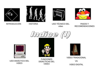 INTRODUCCIÓN USO TÉCNICO DEL
video
HISTORIA PASOS Y
RECOMENDACIONES
USO DIDÁCTICO DEL
VIDEO
FUNCIONES
DIDACTICAS DEL
VIDEO
VIDEO TRADICIONAL
VS
VIDEO DIGITAL
 