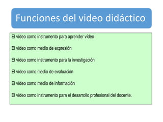 Funciones del video didáctico
El vídeo como instrumento para aprender vídeo
El vídeo como medio de expresión
El vídeo como instrumento para la investigación
El vídeo como medio de evaluación
El vídeo como medio de información
El vídeo como instrumento para el desarrollo profesional del docente.
 