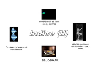 Funciones del video en el
marco escolar
BIBLIOGRAFÍA
Pontencialidad del video
con los alumnos
Algunas cuestiones
entorno aula – profe -
video
 
