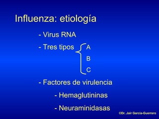 Influenza: etiología - Virus RNA - Tres tipos A B C - Factores de virulencia - Hemaglutininas - Neuraminidasas ©Dr. Jair García-Guerrero