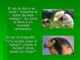 El rey le dijo a su corte: “traedme el autor de este milagro”. Su corte le llevó a un humilde campesino. El rey le preguntó:  “ ¿Tu hiciste volar el halcón? ¿Cómo lo hiciste? ¿Eres acaso un mago?” 