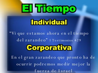 “ Vi que estamos ahora en el tiempo del zarandeo ”  1 Testimonios 429 En el gran zarandeo que pronto ha de ocurrir podremos medir mejor la fuerza de Israel 