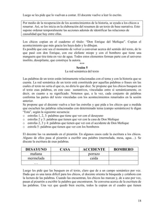 18
Luego se les pide que lo vuelvan a contar. El docente vuelve a leer lo escrito.
Por medio de la recuperación de los acontecimientos de la historia, se ayuda a los chicos a
renarrar. Así, se los inicia en la elaboración del resumen de un texto de base narrativa. Esto
supone ordenar temporalmente las acciones además de identificar las relaciones de
causalidad que hay entre ellas.
Los chicos copian en el cuaderno el título: “Don Enrique del Meñique”. Copian el
acontecimiento que más gracia les haya dado y lo dibujan.
Es posible que este sea el momento de volver a conversar acerca del sentido del texto, de lo
que pasó con don Enrique, con ese elefante miope y con el bombero que tiene una
manguera que tira tinta en vez de agua. Todos estos elementos forman parte con el universo
insólito, desopilante, que construye la autora.
***
Sesión 5
La red semántica del texto
Las palabras de un texto están íntimamente relacionadas con el tema y con la historia que se
cuenta. La red semántica de un texto está constituida por aquellas palabras o frases sin las
cuales el texto no sería el que es, no diría lo que dice. Se propone que los chicos busquen en
el texto esas palabras, en este caso sustantivos, vinculadas entre sí semánticamente, es
decir, en cuanto a su significado. Notemos que, a la vez, cada conjunto de palabras
conforma las partes del texto vinculadas con los acontecimientos renarrados en la sesión
anterior.
Se propone que el docente vuelva a leer las estrofas y que pida a los chicos que a medida
que escuchen las palabras relacionadas con determinado tema (campo semánticos) le digan
“Esta”, según la siguiente secuencia:
o estrofas 1, 2, 3: palabras que tiene que ver con el desayuno
o estrofas 2 y 3: palabras que tienen que ver con la casa de Don Meñique
o estrofas 2, 3 y 4: palabras que tienen que ver con el accidente de Don Meñique
o estrofa 5: palabras que tienen que ver con los bomberos
El docente las va anotando en el pizarrón. En algunos casos cede la escritura a los chicos.
Alguno de ellos pasa al pizarrón a escribir una palabra (mermelada, mesa, agua…). Se
discute la escritura de esas palabras.
DESAYUNO CASA ACCIDENTE BOMBERO
mañana porrazo
mermelada caída
…
Luego les pide que las busquen en el texto, claro que de a un campo semántico por vez.
Dada que es una tarea difícil para los chicos, el docente orienta la búsqueda y colabora con
la lectura de las palabras. Cuando las encuentran, los chicos las marcan y, de a uno por vez,
pasan al pizarrón a escribir la palabra que encontraron. Se conversa acerca de la escritura de
las palabras. Una vez que quedó bien escrita, todos la copian en el cuadro que tienen
 