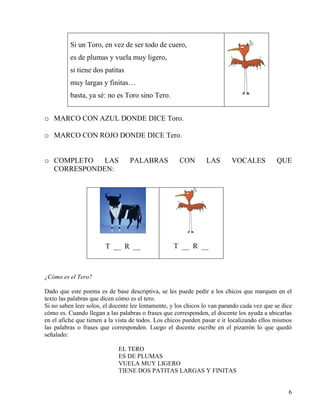 6
Si un Toro, en vez de ser todo de cuero,
es de plumas y vuela muy ligero,
si tiene dos patitas
muy largas y finitas…
basta, ya sé: no es Toro sino Tero.
o MARCO CON AZUL DONDE DICE Toro.
o MARCO CON ROJO DONDE DICE Tero.
o COMPLETO LAS PALABRAS CON LAS VOCALES QUE
CORRESPONDEN:
T __ R __ T __ R __
¿Cómo es el Tero?
Dado que este poema es de base descriptiva, se les puede pedir a los chicos que marquen en el
texto las palabras que dicen cómo es el tero.
Si no saben leer solos, el docente lee lentamente, y los chicos lo van parando cada vez que se dice
cómo es. Cuando llegan a las palabras o frases que corresponden, el docente los ayuda a ubicarlas
en el afiche que tienen a la vista de todos. Los chicos pueden pasar e ir localizando ellos mismos
las palabras o frases que corresponden. Luego el docente escribe en el pizarrón lo que quedó
señalado:
EL TERO
ES DE PLUMAS
VUELA MUY LIGERO
TIENE DOS PATITAS LARGAS Y FINITAS
 