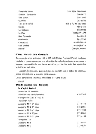 Florencio Varela 255- 1814 200-9803
Esteban Echeverría 296-9677
San Martín 754-1086
Quilmes 253-5582
Tres de Febrero de 8 a 12 hs 750-2889
Morón 489-3434
La Matanza 656-9008
La Plata (021) 27-1477
San Fernando 744-0516
Avellaneda 201-3790
Chacabuco (0352) 28823
San Vicente (0224)82879
Bolívar (031)47203/04
Cómo realizar una denuncia
De acuerdo a los artículos 155 y 157 del Código Procesal Penal, cualquier
ciudadano puede denunciar una situación de maltrato o abuso a un menor o
incapaz, personaltiente, en forma verbal o por escrito, ante las siguientes
autoridades judiciales:
Asesor de menores, quien además de cumplir con el deber de informar,
posee competencia y recursos para amparo.
Juez competente (Familia, Minoridad o Fuero Civil).
Fiscal
Dónde realizar una denuncia
En Capital Federal
Asesorías de menores
Movicom en funcionamiento
o dirigirse de 7:30 a 13:30 a:
-Tucumán 1393
Asesoría Nº 1 3º piso
Asesoría Nº 2 5º piso
Asesoría Nº 3 4º piso
Asesoría Nº 4 2º piso
Asesoría Nº 5 2º piso
-Uruguay 714
Asesoría Nº 6
Asesoría Nº 7
416-2345
371-5148
373-2985
371-1968
371-2868
371-4189
371-8847
373-4630
 