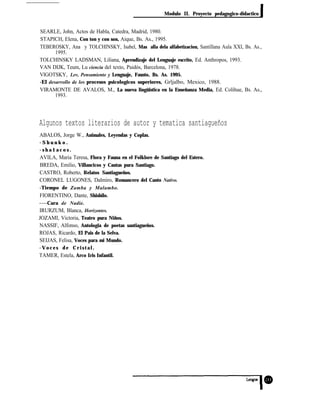 Modulo II. Proyecto pedagogico-didactico
SEARLE, John, Actos de Habla, Catedra, Madrid, 1980.
STAPICH, Elena, Con ton y con son, Aique, Bs. As., 1995.
TEBEROSKY, Ana y TOLCHINSKY, Isabel, Mas alla dela alfabetizacion, Santillana Aula XXI, Bs. As.,
1995.
TOLCHINSKY LADSMAN, Liliana, Aprendizaje del Lenguaje escrito, Ed. Anthropos, 1993.
VAN DIJK, Teum, Lu ciencia del texto, Paidós, Barcelona, 1978.
VlGOTSKY, Lev, Pensamiento y Lenguaje, Fausto, Bs. As. 1995.
-EI desarrollo de los procesos psicologicos superiores, Grljalbo, Mexico, 1988.
VIRAMONTE DE AVALOS, M., La nueva lingüistica en la Enseñanza Media, Ed. Colihue, Bs. As.,
1993.
Algunos textos literarios de autor y tematica santiagueños
ABALOS, Jorge W., Animales, Leyendas y Coplas.
- S h u n k o .
- s h a 1 a c o s .
AVILA, Maria Teresa, Flora y Fauna en el Folklore de Santiago del Estero.
BREDA, Emilio, Villancicos y Cantas pura Santiago.
CASTRO, Roberto, Relatos Santiagueños.
CORONEL LUGONES, Dalmiro, Romancero del Canto Nativo.
-Tiempo de Zamba y Malambo.
FIORENTINO, Dante, Shishilo.
----Cara de Nadie.
IRURZUM, Blanca, Horizontes.
JOZAMI, Victoria, Teatro pura Niños.
NASSIF, Alfonso, Antologia de poetas santiagueños.
ROJAS, Ricardo, El Pais de la Selva.
SEIJAS, Felisa, Voces para mi Mundo.
-Voces de Cristal.
TAMER, Estela, Arco Iris Infantil.
 