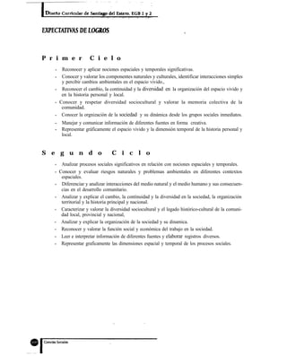 P r i m e r C i e l o
- Reconocer y aplicar nociones espaciales y temporales significativas.
- Conocer y valorar los componentes naturales y culturales, identificar interacciones simples
y percibir cambios ambientales en el espacio vivido.,
- Reconocer el cambio, la continuidad y la diversidad en la organización del espacio vivido y
en la historia personal y local.
- Conocer y respetar diversidad sociocultural y valorar la memoria colectiva de la
comunidad.
- Conocer la orgnización de la sociedad y su dinámica desde los grupos sociales inmediatos.
- Manejar y comunicar información de diferentes fuentes en forma creativa.
- Representar gráficamente el espacio vivido y la dimensión temporal de la historia personal y
local.
S e g u n d o C i c l o
- Analizar procesos sociales significativos en relación con nociones espaciales y temporales.
- Conocer y evaluar riesgos naturales y problemas ambientales en diferentes contextos
espaciales.
- Diferenciar y analizar interacciones del medio natural y el medio humano y sus consecuen-
cias en el desarrollo comunitario.
- Analizar y explicar el cambio, la continuidad y la diversidad en la sociedad, la organización
territorial y la historia principal y nacional.
- Caracterizar y valorar la diversidad sociocultural y el legado histórico-cultural de la comuni-
dad local, provincial y nacional,
- Analizar y explicar la organización de la sociedad y su dinamica.
- Reconocer y valorar la función social y económica del trabajo en la sociedad.
- Leer e interpretar información de diferentes fuentes y elaborar registros diversos.
- Representar graficamente las dimensiones espacial y temporal de los procesos sociales.
 