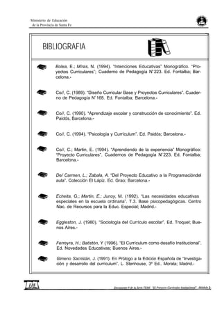 Ministerio de Educación
de la Provincia de Santa Fe
BlBLIOGRAFIA
Bolea, E.; Míras, N. (1994). “Intenciones Educativas” Monográfico. “Pro-
yectos Curriculares”; Cuaderno de Pedagogía N
o
223. Ed. Fontalba; Bar-
celona.-
Co//, C. (1989). “Diseño Curricular Base y Proyectos Curriculares”. Cuader-
no de Pedagogía N
o
168. Ed. Fontalba; Barcelona.-
Co//, C. (1990). “Aprendizaje escolar y construcción de conocimiento”. Ed.
Paidós, Barcelona.-
Co//, C. (1994). “Psicología y Currículum”. Ed. Paidós; Barcelona.-
Co//, C.; Martin, E. (1994). “Aprendiendo de la experiencia” Monográfico:
“Proyecto Curriculares”. Cuadernos de Pedagogía N
o
223. Ed. Fontalba;
Barcelona.-
De/ Carmen, L.; Zabala, A. “Del Proyecto Educativo a la Programacióndel
aula”. Colección El Lápiz. Ed. Grao; Barcelona.-
Echeita, G,; Martin, E.; Junoy, M. (1992). “Las necesidades educativas
especiales en la escuela ordinaria”. T.3. Base psicopedagógicas. Centro
Nac. de Recursos para la Educ. Especial; Madrid.-
Eggleston, J. (1980). “Sociología del Currículo escolar”. Ed. Troquel; Bue-
nos Aires.-
Ferreyra, H.; Batistón, Y (1996). “El Currículum como desafío Institucional”.
Ed. Novedades Educativas; Buenos Aires.-
Gimeno Sacristán, J. (1991). En Prólogo a la Edición Española de “Investiga-
ción y desarrollo del currículum”. L. Stenhouse, 3º Ed.. Morata; Madrid.-
 