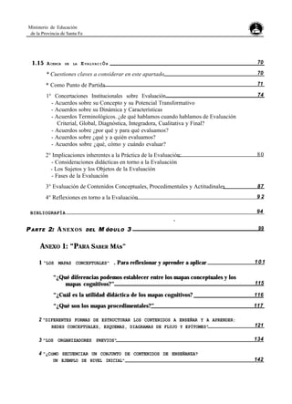 Ministerio de Educación
de la Provincia de Santa Fe
1.15 ACERCA DE LA EVALUACIÓN 70
* Cuestiones claves a considerar en este apartado 70
* Como Punto de Partida 71
1° Concertaciones Institucionales sobre Evaluación
- Acuerdos sobre su Concepto y su Potencial Transformativo
- Acuerdos sobre su Dinámica y Características
- Acuerdos Terminológicos. ¿de qué hablamos cuando hablamos de Evaluación
Criterial, Global, Diagnóstica, Integradora, Cualitativa y Final?
- Acuerdos sobre ¿por qué y para qué evaluamos?
- Acuerdos sobre ¿qué y a quién evaluamos?
- Acuerdos sobre ¿qué, cómo y cuándo evaluar?
74
2° Implicaciones inherentes a la Práctica de la Evaluación:
- Consideraciones didácticas en torno a la Evaluación
- Los Sujetos y los Objetos de la Evaluación
- Fases de la Evaluación
80
3° Evaluación de Contenidos Conceptuales, Procedimentales y Actitudinales 87
4° Reflexiones en torno a la Evaluación 9 2
BIBLIOGRAFÍA 94
PARTE 2: ANEXOS DEL M óDULO 3 99
ANEXO 1: “PARA SABER MÁs”
1 “LOS MAPAS CONCEPTUALES" . Para reflexionar y aprender a aplicar 1 0 1
“¿Qué diferencias podemos establecer entre los mapas conceptuales y los
mapas cognitivos?” 115
“¿Cuál es la utilidad didáctica de los mapas cognitivos? 116
“¿Qué son los mapas procedimentales?” 117
2 "DIFERENTES FORMAS DE ESTRUCTURAR LOS CONTENIDOS A ENSEÑAR Y A APRENDER:
REDES CONCEPTUALES, ESQUEMAS, DIAGRAMAS DE FLUJO Y EPÍTOMES" 121
3 "LOS ORGANIZADORES PREVIOS" 134
4 "¿CóMO SECUENCIAR UN CONJUNTO DE CONTENIDOS DE ENSEÑANZA?
UN EJEMPLO DE NIVEL INICIAL" 142
 
