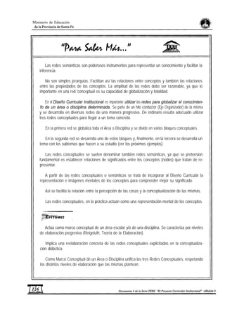Ministerio de Educación
Las redes semánticas son poderosos instrumentos para representar un conocimiento y facilitar la
inferencia.
No son simples jerarquías. Facilitan así las relaciones entre conceptos y también las relaciones
entre las propiedades de los conceptos. La amplitud de las redes debe ser razonable, ya que lo
importante en una red ‘conceptual es su capacidad de globalización y totalidad.
En el Diseño Curricular lnstitucional es importante utilizar las redes para globalizar el conocimien-
fo de un área o disciplina determinada. Se parte de un hilo conductor (Eje Organizador) de la misma
y se desarrolla en diversas redes de una manera progresiva. De ordinario resulta adecuado utilizar
tres redes conceptuales para llegar a un tema concreto.
En la primera red se globaliza toda el Área o Disciplina y se divide en varios bloques conceptuales.
En la segunda red se desarrolla uno de estos bloques y, finalmente, en la tercera se desarrolla un
tema con los subtemas que hacen a su estudio (ver los próximos ejemplos).
Las redes conceptuales se suelen denominar también redes semánticas, ya que se pretension
fundamental es establecer relaciones de significados entre los conceptos (nodos) que tratan de re-
presentar.
A partir de las redes conceptuales o semánticas se trata de incorporar al Diseño Curricular la
representación e imágenes mentales de los conceptos para comprender mejor su significado.
Asi se facilita la relación entre la percepción de las cosas y la conceptualización de las mismas.
Las redes conceptuales, en la práctica actúan como una representación mental de los conceptos.
Actúa como marco conceptual de un área escolar y/o de una disciplina. Se caracteriza por niveles
de elaboración progresiva (Reigeluth, Teoría de la Elaboración).
Implica una reelaboración concreta de las redes conceptuales explicitadas en la conceptualiza-
ción didáctica.
Como Marco Conceptual de un Área o Disciplina unifica las tres Redes Conceptuales, respetando
los distintos niveles de elaboración que las mismas plantean.
 