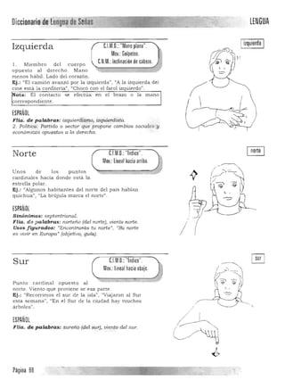 -~------~--~"'"
Oiccionariode lengua de Señas LENGUA
-------------~-
Iizquierda ICJM,O,: "Mano plana",Izquierda
Mov.:Golpeteo.
C,N,M.: Inclinación decabeza.l. Mie mbro del cuerpo ~~)opuesto a l d e rec h o, Man o 

menos hábiL Lado del corazón, 

Ej.: "El camión avanzó por la izquierda", "A la izquierda del 

cine está la confitería", "Chocó con el farol izquierdo". 

Nota: E l contacto se efectúa en el brazo o la mano 

correspondiente. 

ESPAÑOL
Flia~ de palabras: izquierdismo, izquierdista,
2. Política: Partido o sector que propone cambios sociales y
económicos opuestos a Za derecha.
Norte C.l.M.O,:"Indice"',
Mov.: linealhaciaarriba.
Un os de los puntos
cardina les hacia donde está la .y. (~~~estrella polar. l)~ -=~ "V
Ej .: "Algunos habitantes del n orte del pa is hablan
quichua". "La brújula marca e1 norte".
ESPAÑOL
Sinónimos: septentrional. 

Flia. de p alabras: norteño (del norte), viento norte. 

Usos figurados: "Encontrarás tu norte', ·Su norte 

es vivir en Europa' (objetivo, guía). / I 

C.l.M.O.:"Indice".Sur
Mov.: lineal haciaabajo.
Punto cardina l opuesto al
norte . Viento que proviene se esa parte.
Ej .: "Recorrimos el sur de la isla", ''Viajaron al Sur
esta semana", "En el Sur de la ciudad h ay muchos
árboles". "
ESPAÑOL
Flia. de palabras: sureño (del sur), viento del sur.
Página SS
 