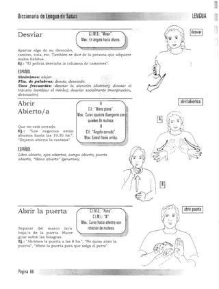 Mov.: Curvo opuesto divergente con
quiebre de muñeca.
8
C,I:"Ángulo cerrado".
Mov.: lineal hacia arriba.
Libro abierto, ojos abiertos, campo abierto, puerta
abierta, «Mano abierta" (generoso).
Abrir la puerta CJM.O.: "Puño". H
LENGUA

C.l.M.O.: "Mitón".Desviar
Mov.: En ángulo hacia afuera.
Apartar algo de su dirección, 

camino, ruta, etc. También se dice de la persona que adquiere 

malos h ábitos. / 

Ej.: "El policía desviaba la columna de camiones". 

ESPAÑOL
Sinónimos.: alejar. 

FHa. de palabras: desvío, desviado. 

Usos "jrecuf!rites: ' desvíar la atención (distraer), desvíar el 

tránsito (cambiar el rumbo), desviar socialmente (marginación, 

desviación). 

AAbrir
C.I :"Mano plana".
Abierto/ a
Que no está cerrado. 

Ej.: "Los negocios están 

abiertos hasta las 19:30 hs.", 

"Dejaron abierta la ventana". 

ESPAÑOL
C,IM!: "B".
Mov.:Curvo hacia adentro con
Separar del marco la / s rotación de muñeca.
h oja/ s de la puerta. Hacer
girar sobre las bisagras. i%m:; ,*"". "~
Ej.: "Abrimos la puerta a las 8 hs.", "No quiso abrir la
pu erta", "Abrió la puerta para que salga el perro" .
ahrir/ahierto/a
l'bO'P"""
Página 68
 