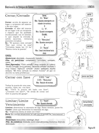 cerrar
LENGUADiccionario de/Lengua de ~[i;:==::J.;:=====
Sinónimos: obstmido, clausurado, tapado. 

Flia. de palabras: cerramiento, cerradura, cerrazón, 

cierre. ...~> ":-t..-

Usos figurados: aCielocerrai1'ri" (muy cargado de rw.bes); 

"Barba cerrada »(mu~;peluda); 'Persona cerrada»(callada o 

muy torpe); "A¡§lausQ cerrado» (todos aplauden mucho 

tiempo); «En boca cerrada no entran moscas» (el que es 

discreto no tiene problemas). . 

CJM.O.: "lIaye".Cerrar con llave
e.I.M.I. "Mano plana".
Moy.: Rotación de muñeca.
Trabar la puerta de una casa, _"""
mueble, cajón, etc. con llave.
Ej.: "Cerró la puerta del baño con llave" ,
"¿Cerraste con llave?", USe olvidó de cerrar con
llave la puerta del garaje" .
Limitar/ Límite e.l.: "Angulo".
limitar/límite!
Moy.: Opuesto alternado.
Vencimiento vencimiento
Limitar: determinar la extensión de algo. Poner término, poner fin. 

Límite: Línea que determina la extensión de algo. 

Ej.: "Argentina limita al oeste con Chile". 

INota: En ciertas situaciones se usa con el sentido de "vencimiento". I
ESPAÑOL
Sinónimos: (¡ncuadrar, restringir, final. 

FHa. de p alabras: limitada, (corto entendimientp)¡ lilljitatiuo, limítrofe, 

delimita.do. 

Cerrar/ Cerrado
Cerrar: acción de separar un
lugar o recipiente del exterior
o de otro lugar.
Cerrado: se dice del interior
de un lugar o de un recipiente
o espacio que ha quedado 

incomunicado con el exterior, 

lo que impide la entrada o 

salida (pue rtas, ventanas, 

portones cerrados). 

Ej.: "El quiosco está cerrado", 

¡'Hay que cerrar la casa", 

"Cerramos hasta las 15 hs.", 

"'Nunca cierra la puerta". 

ESPAÑOL
twac. 

e.l.: "Mitón". 

Moy.: Opuesto conYergente con

rotación de muñecas.

8
e.l.: "8". 

Moy.: Opuesto conYergente.

.CMdJl; 

A 

e.l.: "Mano plana". 

Moy.: Opuesto conYergente. 

B 

e.l.: "Ángulo". 

Moy.: Lineal simultáneo hacia

abajo. 

Página 69


 