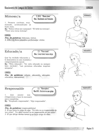 ·de
~:~(. . ~I
Diccionario deLenguad8i§E---~ LENGUA

/aIC.I.M.O.: "Mano plana".
Mov.: Oscilatorio con frotación.
Mimosoja
l . Persona cariñosa, muy 

mimado , acostumbrado a l 

buen tra to . 

Ej.: "Estos niños son mimosos", "El bebé es mimoso", 

"Tiene una novia mimosa", 

ESPAÑOL
FHa: de ¡i'alabras: mimosas, mimos.
2. Árbol diJ;j1ores;amalj,llas perfu'!1adcis: aromo.,...." 0"
Imimoso
Ieducado/aIEducadoja CJ:"Pinza óvalo".
Mov.: lineal lento haciaabajo.
Que ha recibido educación y
lo demuestra en sus modales y
comportamiento social.
Ej.: "Niño educado"¡ leUn niño educado es siempre
bien recibido", "Las personas educadas inspiran
simpatia".
ESPANOl
FHa. de pahIbras; educar, educació.'7-/. educador,
educativo, educacional. ;~~..

•
C.I.: "Mano plana". Iresponsable I
Mov.M.O.:Oscilatorio con golpe.
Responsable
l . Que asume s u s 

obligaciones y hace 10 necesario 

para cumplirlas. 

Ej .: "Empleado responsable", "Hijo responsable". 

ESPAÑOL
FHa. de palabras: responsabilidad.
2. El que tiene la culpa de algo: "Un niño no es responsáble
sus actos", "Un débil mental no es responsable de sus actos".
3. El que dirige ciertas tareaS y se hace cargo de eflas.
....
§F Página 73~.:~
 