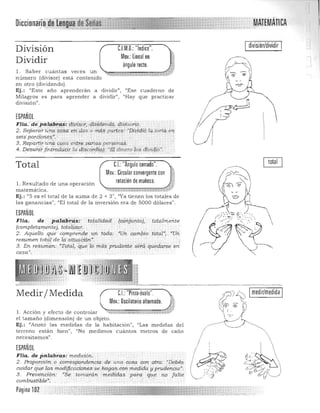 MATEMÁTICAOiccion
división/dividirC.l.M.D.: "Indice".División
Mov.: lineal en
Dividir ángulo recto.
1. Saber cuántas veces un "<~'í'i" ..... y,¡; ,'r"', -"/ ~ *,i '

número (divisor) está contenido 

en otro (dividendo). 

Ej.: "Este año aprenderán a dividir", "Ese cuaderno de 

Milagros es para aprender a dividir", "Hay que practicar
división",
¡SPAÑOl

Flia.i!~1:iz!f'1Jt~: qir!i~·r;f,;dtfA.d.¡úidp, diUisori,q '. .... .'. ........ . 

2. Sepá~ar4na ~qsa e)-i.l1iJS ó ;;¡Ó~ Pime;¡: "Vividi<l Ia.;tortt.,er¡
s!{Í~ porcip:~7*:~ .. "__ .
3. 8epartir unq qp~a.en.tL~¡¿firiaf'P~rsondl. . : > • . •
.4. Desünit(ititfod¡¡git la difc9rcliaj" "E,/ ainero lú$ ci1vi.4W.. , . , ' .. - ,-,.: " ':.-':"'.: ':-:-:':-:-:-,. . ,",
C.I.: "Angulo cerrado".Total ,
Mov.: Circular convergente con :'1.'
rotación de muñeca. dl. Resultado de una operación ,<,
matemática. .....~~~-1t~ ,.,'"i' .~
Ej.: "5 es el total de la suma de 2 + 3", "Ya tienen los totales de
las ganancias", "El total de la inversión era de 5000 dólares".
¡SPAÑOl
Fila. .' de pa'ldbrd,s: tO{illidrtd (conjunto), (t:ildniente
(completan¡.erite); totédiiqr.
2. AqUello~ue ' C<)mpre~d,?unt6do: <Uh cambio total","Uh
resumentotql de }asituá¿¡órt" ... . ...... .. ........... .... .. ... .... •.
3. Enre~ilmén: "Totaf:iiue 7.6 más prudente. súií qUéd.arse ~n
casa."·,
Mov.: Dscilatorio alternado.
Medir/ Medida CJ: "Pinza·óvalo".
l. Acción y efecto de controlar -<-di: ",,~><+Mi0W~k
el tamañO' (dimensión) de u n objeto.
Ej.: "Anotó las medidas de la habitación", "Las medidas del
terreno están bienll
¡ "No m edimos cuántos metros de caño
necesitamos".
ESPAÑOl
Flia.de palabiiás: medición.
2. Propo.rción'-o corrés¡J:ondencla.'.de una cosa donotra: ~Debés '
cuidar cjt¡e las mociíjiccicibn.esse,haga/Jconmed¡(ia y prudenCia". .
3 . . Preven.ción: "Se tomatán ,n¡.edidilspdra '.iji;le no falte
combustible", '. . "
Página 102
 