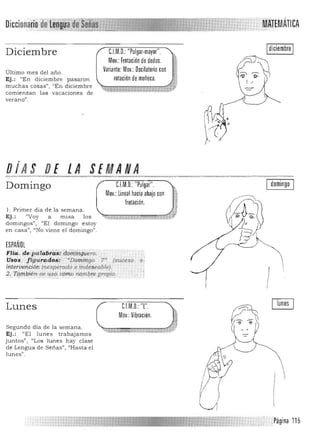 DiccionarIo · .MATEMÁTICA•.,.P
Idiciembre IC.l.M.O.: "Pulgar·mayor", 

Mov,: Frotación de dedos,

Variante:Mov,: Oscilatorio con

Diciembre
~Último mes del a ño, 

Ej.: "En diciembre pasaron 
 rotación de muñeca,
m uch a s cosas", "En diciembre
comienzan las vacaciones de
verano".
,
OlA S DE LA SEMANA
Ej .: "Voy a m Is a los -",•.",. ....%,;:;;;;
d omingos", "El domingo estoy
en casa", "No vien e el domingo".
ESPAÑOL

FHa. de patabf~;'46.i}ilWi.il'ro, 

Us,;'s . .fIgurados::, '·Domingo '07,': (sUceso .;:
interlJención j;"esperado e :;ndeseable). '"
2,'rqt-;¡J,Yién:se "Wfl: cpm.o nomQ1'" p,roQio.
II
Domingo
1. Primer día de la sema n a,
C.l.M,O, "Pulgar".
Moy,: Lineal hacia abajo con
frotación,
===:zzmTre::l'1"l'T
domingo
lunes
Moy,: Vibración,
CJM,O,: "L",Lunes
Segundo día de la sem a na.
Ej.: "El lunes tra b ajamos
juntos", "Los lunes hay clase
d e Lengua de Señ as", "Hasta el
lunes".
. ~ágina 115

 