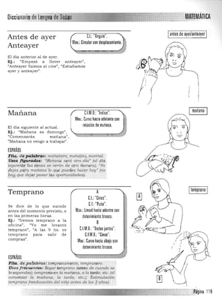 Oiccionarjqdslijp!lÜ¡¡ MATEMÁTICA
Iantes de ayer/anteayer IC.I.: "Angulo".Antes de ayer
Mov.: Circular con desplazamiento.
Anteayer
El día anterior al de ayer. 

Ej.: "Empezó a llover anteayer", 

"Anteayer fuimos al cine"J "Estudiamos 

ayer y anteayer". 

mañanaC.l.M.O.: "Indice". 

Mov.: Curvo hacia adelante con

rotación de muñeca.

Mañana
El día siguiente al actual. 

Ej.: "Mañana es domingo", 

"Comenzarás mañana", 

"Mañana no vengo a trabajar". 

ESPAÑOL
Fli<t; de ¡xilábrtÜ::·m';"ñéifíero, má!utiiib,·,matir'taí.
Usos ftgurados~ ,:Mariarta Se~<i otro &4" (al qUa
siguiente las 'CQsas se ~rár¡: de otra' mortera), "No '
d.ejés.para mañana' lo qU~ 'pueiJ,es ha",!" hoy' (no
/;ay qu!< dejar pasar fas Qj>Qrtunidades).
,. i .•¡ ."
Temprano
Se dice de lo que sucede
antes del momento previsto, o
en las primeras horas.
Ej.: "Iremos temprano a la
oficina", "Yo me levanto
temprano", "A las 9 hs. es
temprano para salir de
compras".
ESPAÑUl
ií'J!tz; depatabfaS: temp ranam<!nte, t<!mpral1ero.
Usos ¡"'(cuentes:llegar temprano ¡antes de cuando se
le espaaba}; t<!mprano e n Za mañana, a la (arde, etc. (al
comen.z<V' lanw.ñana, la tarde, etc.);
temprana ,(rMducaél'ónfdelrury.o antes de los ª
A
CL "Cinco".
C.F.: "Puño".
Mov,: Lineal hacia adentro con
detenimiento brusco,
B
CJM,O, "Oedos juntos",
C.F.M.O,: "Cinco",
Mov,: Curvo hacia abajo con
detenimiento brusco.
Estimu/acl'ón.
'o,Ms)-
Itemprano I
 