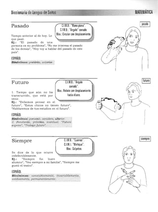 MPiTIMÁTICAOiccionariode, uaá~ij~~mImliILéRgjií:
Pasado C.l.M.D.: "Mano plana".
C.F.M.D.: "Ángulo" cerrado.
Tiempo anterior al de hoy. Lo
Mov.: Circularcon desplazamiento.
que pasó.
Ej .: "El pasado de una
persona es su problema", "No me interesa el pasado
de los demá.s", "Hoy voy a hablar del pasado de este
país" .
ESPAÑOL
-Sinónimos; pretérito, anterior.}.....
C.I.M.D.: "AnguloFuturo
cerrado".
Mov.: Rebotecon desplazamiento1. Tiempo que aún no ha
transcurrido, que está por haciaaluera.
venlf. 

Ej. : l/Debemos pensar en el ",~ ~~ ' ' ;j-~ "" 

futuro", IfEstos chicos no tienen futuro"J
"Hablaremos de tus estudios en el futuro" .
ESPAÑOL
S'triónÜnDsi porvenir, uerúdero• .ultenor..
'2, :Pendiente, próxima,: euentual. "Putur,,'
:€!~poso', "Trabajo Ji;ruro". •

( 

II
i
Isiempre I
Siempre C.l.M.D.: "Cuernos". fu
C.l.M.I.: "Meñique". '1 

Mov.:Golpeteo. : 

Se d ice de lo que ocurre
indefectiblemente. ~=:::;:;¡;:;;¡:;;;¡;¡;:w;.¡;¡¡;~tJ
Ej.: "Siempre fui buen
alumno", "Veo siempre a mi familia", f·Siempre me
gustó el teatro".
ESPAÑOL
S{nó'rtimos; constafiiemerUe: invariablemente,
.asi~uament,€!, permanentemente.
 