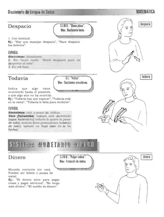 /
Di ÁTICA
Idespacio IDespacio 	 C.l.M.D.: "Mano plana".
Mov.: Oscilatorio lento.
1. Con lentitud. 

Ej.: "Hay que manejar despacio", "'Hace despacio 

los deberes". 

ESPANOl
Sinóntmós,lifnüimerite.
2. Si" ,ha cer ruido: "Entré deS'pacio pafa nó.
d~pertar al niño»,
3: ':§rí;.ud:!: baJa.
"-"'; -",--,'
todavía
Todavía 	 C.I.: "Indice".
Mov.: Oscilatorio simultáneo.
Indica que algo viene
ocurriendo hasta el presente, "'·¡¡$%m'%~m·t;m~¡~;;¡·;;'"'¡¡¡";~¡¡;¡¡Em;n:l'líJ
o que algo aún no ha ocurrido.
Ej.: c1Todavia hay que esperar", "Todavía está
en la cama" , "Todavía le falta para recibirse".
ESPAÑOL• : ,." "-""?'»"",~,"';, ,. -""j ' ~ ;' .. ,- ',- '--, -..-.'..... . . ' ''';''''''';:; ,'" _. - .
Smommos:at.in, a pesar dé, ,OOw;o.
Usps':f~fifen~~l toda,/{ia está 4 tU'miendo
(~lgii,! fib.'tjéri:aoloJ) lodavia;1o quiere 'la j)f!SQr
dé toao};(r,,;lavía tiene pret~ioT~s (además .
deto4o)¡ lcxla,qfa 10 llegó' (aún no/lo ha.
n/icho" .
Dinero
Moneda corriente (en u so).
Pueden ser billete o piezas de
metal.
C.I.M.D.: "Pulgar·índice".
Mov.: Frotación de dedos.
dinero
Ej. : "El dinero sirve para pagar
cosas y pagar servicios", "No tengo
mas dinero", "El sueldo es dinero".
 