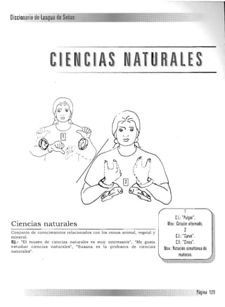 &IE CIAS Al ~ HA.LES

., "'
,~c.:,) !- :.)
;- ~
(1': ~
,1 / /, I :
t i ' ; :
Ciencias naturales 

Conjunto de conocimientos relacionados con los reinos animal, vegetal y
mineral.
Ej.: "El museo de ciencias naturales es muy interesante", "Me gusta
estudiar cienci a s naturales", "Susana es la profeso ra de ciencias
naturales".
C.I.: "Pulgar".

Mov.: Circular alternado. 

2
C.I.: "Curva".

C.F.:"Cinco".

. pAgina 129

 
