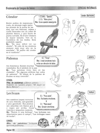 Icóndor (Bariloche) I1. t.I.M.n.: "Gancho".Cóndor
2. CL "Mano plana".
Mov.:Curvo opuesto convergente.Buitre andino de majestuoso
vuelo, de plumaje negro (salvo . ,
las plumas de la punta de las
alas, que son blancas), cabeza y
cuello desnudos con un collar de
plumón blanco, y pico fuerte de
punta curva da. Es el ave voladora
de mayor tamaño. Vive en la
Cordillera de los Andes. Es tá
prohibido cazarlo.
Ej.: "Es muy difícil ver un
cóndor"I "El nido de los cóndores
siempre esta. muy a lto en la
montaña", "El pollito del cóndor
es el condorito".
r..I.:"Cinco".Paloma
Mov.: lineal simultáneo hacia
arriba con vihracióll de dedos.
Ave dom éstica . Exis ten muchas
variedades. Es el símbolo de la paz.
Ej.: "Las palomas viven bien en las
ciudades"I ¡'En algunos edificios hay nidos
de palomas". "El dibujo de la paloma de
Picasso es muy conocido".
ESPAÑOL
i l{;...·d i! 'jiéifabr'#.,: p¡.iomClr, palomo. ."
'También es nqmbre.propio: "Mi m,uj~r .. e
¡¡ama 1iiiloma'._ . ,. "
ALechuza
C.I.:"Pinza óvalo".
Mov.: Oscilatorio simultáneo.Ave cazadora (rapaz) nocturna
de cara redonda, ojos grandes B
y pico ganchudo . Sus plumas U:"Pinza·óvalo".
son amarillas con blanco gris
Mov.: Circular simultáneo.y negro por arriba. COine
insectos y pequeños roedores.
Ej.: "Nunca vi una lechuza") liLas lechuzas son
importantes para el campo", "Las lechugas cazan
de noche",
ESPAÑOL
Fiia. de paraiiras:
.(persottavpeswti:.ta).
Pagina 138...
paloma

Ilechuza I
 