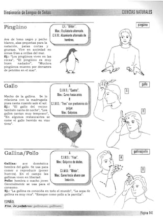 Diccionar.io :íi&ltNtIAS NATURAlES
pingüino
Pingüino ~.I.: "Mitón".
Mov.: Oscilatorio alternado.
C.N.M.: Alzamiento alternado de
Ave de lomo negro y pecho homaros.
blanco, alas pequeñas para la
natación, patas cortas y
gruesas. Vive en sociedad en
zonas frías a orillas del mar.
Ej.: "Los pingüinos viven en las
rocas", "El pingüino es muy
buen nadador", "Muchos
pingüinos mueren por derrames
de petróleo en el mar".
Gallo
Macho de la gallina. Se lo
relaciona con la madrugada
pues canta cuando sale el sol.
Ej.: "El gallo del vecino
también canta de noche", "Los
gallos cantan muy temprano",
"En algunos restaurantes se
come el gallo hervido en vino
tinto".
Gallina/Pollo
Gallina: a ve doméstica
hembra del gallo. Se usa para
comer O reproducir (poner
huevos). En el campo las
gallinas viven en libertad .
Pollo: hembra O macho joven
Generalmente se usa para el
consumo.
A
CJM.D.:"~uatro". 

Mov.:Curvo hacia atrás

B
C.l.M.D.: "Tres"con predominio de 

pulgar. 

Mov.:Golpeteo.

(
A
C.l.M.D.:"Pico",

Mov,: Golpeteo de dedos,

B
C.l.M.D,: "Mitón",

Mov,: Curvo hacia afuera con

frotación, 

gallina/pollo
Ej.: "La gallina es conocida en todo el mundo", "La sopa de
gallina es muy rica". "Siempre como pollo a la parrilla".
ESPA- Ol
FUa. de'palP?nu: galliMeeo, gailin.ero.
, pagina141 

 