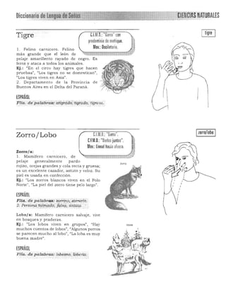 ::litJEUélASNATURAlES
Tigre
predominio de meñique.
Mov.: Oscilatorio.
C.I.M.n.: "Garra" con
l . Felino carnicero. Felino
más grande que el león de
pelaje amarillento rayado de negro. Es
feroz y ataca a todos los animales.
Ej.: 'fEn el circo hay tigres que hacen
pruebas>l, ((Los tigres no se domestican",
"Los tigres viven en Asia".
2 . Depa rta mento de la Provincia de
Buenos Aires en el Delta del Paraná.
ESPAÑOL
Flia. de"pafo.lirns; 'l.d:igí-dddFti¡:/fado; trgtes a.
Zorro /Lobo C.l.M.D.:"Garra". :.-',~
CJM.D.: "Oedas juntos". :i~
;~'-
~>~l
Mov.: lineal haciaaJuera. )~¡
~¡~Zorro/a: ;:;.:.
l. Mamife ro c;3.rnicero, de ~~ ti H ; Oí ; ~ ~ ~-y;~.->,4$~_'*;#~~'
pelaj e gene ra lmente pardo
zorro
rojizo, orejas grandes y cola recta y gruesa; 

es u n excelente cazador} astuto y veloz. Su 

piel es u sada en confección. 

Ej.: "Los zorros biancos viven en el Polo 

Norte", "La piel del rorro tiene pelo largo". 

ESPAÑOL
Flia. de palabras: zorriró;iorrérih ·
2:PersO(lli~qlMrida; jq,lsq.,ástat.a
Lobo/ a: Mamifero carnicero salvaje, V1ve
en bosques y pra deras .
Ej. : "Los lobos viven en grupos", "Hay lobos
muchos cuentos de lobos", "Algunos perros
se parecen m ucho al lobo" , «La loba es muy
buena m adre'.
ESPANOl
FIla. de JÚ!labras:' Zobezna, to6eriac
Izorro/loho I
 