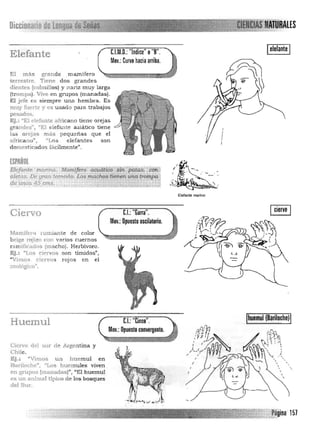Diccionario
Elefante 	 C.I.M.D.: "Indice" o"B".
Mov.: Curvo hacia aniba.
El más grande mamífero
terrestre. Tiene dos gra ndes
dientes (colmillos) y n ariz muy larga
(trompa). Vive en grupos (manadas).
El jefe es s iempre una hembra. Es
muy fuerte y es u sado para tra bajos
~
pesados.
Ej.: "El elefarlte africano tiene orejas
grandes", "El e lefante as iá tico tiene
las orejas m á s p equ eñas que el
african o", ·'Los elefantes son
domesticados facilmenteJ
'.
éSPAÑOl /
t
,< J" __
Elefante -m¡¡rino. Mam.ífero aCiúiti60 ~irt - pá.ia;s;&iih'i .~ . :.... ~
!lletlls. D<i gran tamañO. [;os machostienen una trompa-I - -- .'
o', •• . • • -l - ~ 1 "
de~nos 45 cms. _ _, __ , ! ~• '.'. o', .•.". 0-' ." . . . 	 'V.- ,"~ - n.",,::::w..t,'t...,'i·;~..?',~~~h ",:;!!,..,~~:t,,~,.,~;.;,~,~. .~' -Elefante marino
Ciervo e.l.: "Garra".
Mov.: Opuesto oscilatorio.
Mamifern rLuniante de color
beige r.ojizo con yaríos cuernos
ram ificados (ma cho). Herbívoro .
~. ! "Los cit-rvos s on tímidos",
"Vimos CIervO S rojos en el
zoológico" _
del h'ur.
Huemul
Ciervo del ~w- de Argentina y
Chi le.
Ej.: "Vimos un h u em ul en
Banloche'. "Los huem ules viven
en grupos (manadas)", "El huemul
es un animal típico de los bosques
eJ.: "Cinco".
Mov.: Opuesto convergente.
huemul, (Bariloche)
 