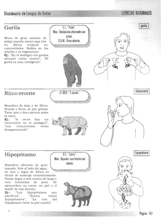 NATURALES

Ihipopótamo I"r .I,: "Garra".
Mov.: Opuestoo
rebote,
Hipopótamo
Mamifero africano de gran 

tamaño. Vive al lado del agua, 

en ríos y lagos de África en "": ... ;:.=
'-;;:::;::.;;
donde se sumerge constan temente.
Puede llegar a tres metros de largo y
tres toneladas de peso. Se
a provech a n su carne, su pie l y e l
marfil de sus dientes.
Ej.: "Los hipopótamos son
pacífico s", "Nunca vimos
hipopótamos", "La cría del
hipopótamo tiene la piel rosada",

scilatorio con
;;:;;;.t~;:;:;';:::;::-::"í.<:->.:,
Página 161
Gorila
Mono de gran tamaño de
pelaje marrón oscuro que vive
en África tropical en
comunidades. Habita en los
arboles y es vegetariano.
Ej.: "En el zoológico los gorilas
siempre estan tristes" , !/El
gorila es muy inteligente".
Rinoceronte
Mamifero de Asia y de África, 

Pesado y feroz, de piel gruesa. 

Tiene uno o dos cuernos sobre 

la nanz. 

Ej.: 'IA veces h ay un 

rinoceron te en el zoológico", 

"Los rinocerontes estan 

desapareciendo" . 

eJ.:"Puño".
Mov.:Oscilatorio alternado con
golpe.
C.r~ , M,: Boca abierta.
Irinoceronte ICJM.D.:"l curva".
f 

 