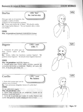 Diccillnario de LIl~!~M!~~~___~ CIENCiAS NATURALES

Barba C,IM,D,: "Garra",
Mov,: Lineal hacia abajo,
Pelo que sale en el mentón, las
mejillas y sobre el labio
superior en los humanos va rones.
Ej: "Tenía una barba de 10 días", "Mi abuelo usaba
una la rga barba blanca", "Es un hombre alto y rubio
con ba rba",
ESPAÑOL
FHa. de 'pa/~ras: :barbudo. Í111h~rf.;,;i' (sIr, barba).
< ,
CJM,O,: "Lovalo",
C.F.M,D,: "L" ,
I bigote I
Bigote
l. Conjunto de pelos que se
deja crecer sobre el labio
superior.
Ej.: "Antes, todos los hombres usaban bigotes", "Mi
padrino tien e bigotes". "El abuelo tien e bigotes bla ncos",
ESPAÑOL
Flia. de palabras: bigOtudo, bigotera,
2. Largos petos que crecen sobre Ed2:1áIJio superio,· ~
- """?
animales carnívoros y roedores: "Bigetes del gato. del
león, de !!;! Jaca, del ral4ii, eté, 
C.l.M,O,: "Lcurva",Cuello
Mov,: Oscilatorio,
1, Parte del cu erpo que une la 

cabeza con el tronco. 

Ej.: "Las personas delgadas tienen el cuello fino", 

ESPAÑOL
En [os animale~: cogote. 

FHa. de-pala1iras.:'collar, 

2, Parte más angoslq de un ,·eciplente. Clle110 de la 

bOle11as, clleUo del útero. 

3, Parte de la prenda qlle cubre el cuello. Pu láuer con 

cuello aUa (palera), CucHo SQ¡apg(,~ saco o traJe), 

 