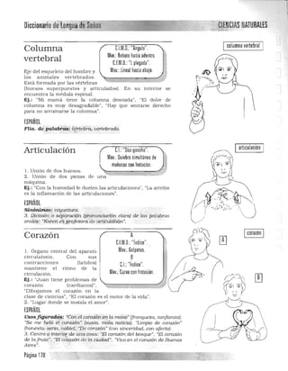 A
C.l.M.D. "índice".
Mov.: Golpeteo.
B
C.I.: "índice".
Mov.: Curvo con frotación.
Icorazón I
~~~
oiccionariodñf¡nguatfrseñas__~---,-____---,-_ " CIENCIASNATURALES-.".";I;,;:";'n>""
I columna vertebral IC.l.M.D. "Angulo".
Mov.: Rebote hacia adentro.
Columna
vertebral C.f.M.D.: "l plegada".
Mov.: lineal hacia abajo.Eje del esqueleto del hombre y
los a nimales vertebrados.
Está formada por las vértebras
(huesos superpuestos y a rticulados). En su interior se
encuentra la médula espinal.
Ej.: "Mi mamá tiene la columna desviada". "El dolor de
columna es muy desagradable", ' Hay que sentarse derecho
para no arruinarse la columna",
ESPAÑOL
Flia. d e palabrds: 'if:rte6ra. vqtebrado.
1
I articulación IArticulación C.I.: "Dúo·gancho".
Mov.: Quiebre simultáneo de
muñecas con lrotación.
1. Unión de dos huesos.
2. Unión de dos piezas de una
máquina.
Ej .: "Con la humedad le duelen las articulaciones", "La artritis
es la inflamación de las articulaciones".
ESPAÑOL
Sinónimos: coyuntur(1.
3. División o sejJaracwn (p1;oi1Unciadón clara) de las palqbras
orales: "Karen e~.proJesord.d.e artiCula'éiÍ¿n".
Corazón
l . Órgano central del aparató
circula torio. Con sus
contracciones (Jatidos)
mantiene el ritmo de la
circulación.
Ej.: "Jua n tiene problemas de 

corazón (cardíacos)". 

"Dibujamos el corazón en la 

clase de cienCias", "El corazón es el motor de la vida". 
 ~.
2. "Lugar donde se instala el amor".
ESPAÑOL
Usosfigurad,q~: "Con el coraiÓn en la mal1.o" (franqueza, cor¡fianza),
"Se me heló e( córazón" (susto, mala noticia), "Limpf.o de corazón"
(honesto, serio,,tloble), "De corazón" (con sinceridad, con qfecto).
3. Cen.tro o interior de un.a cosa: "El corazón del bosque", "EL corazón
'0de lafruta ", "El c.o=ón de la d udad". "Vivo en el corazón de Buenos
Aífes"',
Página 11.0 ___"'"....__,,.,,_.. :i........ 

 