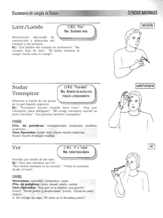 Diccionario"de LengÜíl_____ ClfNCIAS.NATIJRALES,
C.l.M.D.:"Puño".Latir/Latido
Mov.: Oscilatoriolento.
Movimie n to a lternado d e
contracción y dilatación del
COrazón y las arterias.
Ej.: "Los latidos del corazón se aceleraron". "Su
corazón dejó de latir". "El latido bombea la
sangre h acia todo el cu erpo".
I
sudar/transpirarC.I.M.O.: "Pinla·Óvalo".
Moy.: Rotación de muñeca con
Sudar
Transpirar frotación ydespl313miento.
Eliminar a través de los poros
de la piel líquido orgánico.
',
Ej.: "Transpiro mucho cuan do hace calor". "Hay que
transpirar para adelgazar". "Mi amigo transpira cuando se
pone nervioso", "Las plantas también transpiran".
ESPAÑOL
Flia. de palabras: tran$piración. sudación. sudario, 

sudoroso. 

Usos figurados: sudar tinta (hacer mucho esfuerzo). 

Sudar mucho (trabajar mtili1'J.o). 

Ver nM.D.: "V" o"Indice".
Moy.: Lineal hacl,a~f~:~ !)
Percibir por m edio de los ojos.
Ej. : "Su s ojos m iraban s in ver",
"Nos vemos mañana en la escuela". "Veían la montaña
desde el hotel".
ESPAÑOL
Sinónimos: examinar. comprobar, notar.
FHa. de pal<!!>ras: vista, visual, visión, visible.
Usos figurádoti': : Ve,! que va a estallar W1a guerra"
(creer), "Verse pobré y' despreciado" (estar), "Hasta la vista"
(adiós). .. "
2. Ser testigo dé algo: "Vi cómo se lo llevaban preso".
 