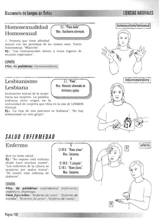 Diccionario'
homosexualismo/homosexual
Homosexualidad CJ:"Pinza óvalo".
Mov.: Oscilatorio alternado.
Homosexual
l. Persona que tiene afinidad
sexual con las personas de su mismo sexo. Varón
homosexuaL "Maricón".
Ej.: "Los homosexu ales tienen a veces lugares de
reunión especiales".
ESPAÑOL
Ji'iia. de ji{(labiasi hómoseXwiíismo.';~:',,::,...;:- ,:.. ::,;: ;",::~:.:.»::;:::::",;::.::,:::: ;::::::",,::;:; .••• :,:;;e/-: ', .:
Ieshianismo/Iesbiana
Lesbianismo eL "Puño".
Mov.:Rotaciónalternada de
Lesbiana
Inclinación sexu a l de la mujer ",e:;;;;m¡:¡ec;¡:sy ;;¡oIP¡e¡;; ',' Ji,':;:¡Uñ¡¡ a;¡:¡¡¡9:¡ . ¡;¡¡
hacia las mujeres. La palabra :;;;:j9
lesbiana tiene origen en la
comunidad de mujeres que Vivía en la isla de LESBOS
(Grecia). 

Ej.: "La hija de mis patron es es lesbian a", "No hay 

lesbianismo en este grup o". 

SALUD fftlffRMflJAO 

Enfermo
Qu e no tien e salu d. 

Ej.: "Su esposo está enfermo 

desde hace m uch os m eses". 

"Los en fermos de la clínica se 

quejaron por malos tratos". 

"Mi madre está enferma de 

diab etes". 

ESPAÑOL
Flic:t. 4~ -pJ:tI:iiib¡r~ienJerm.'edaíL' éiojermeri.ü;:
enj",rrnero.,·éh[enni:?o. . .. '. .'
rls¿$:ji~':a4d;:. "E:rifemro de celos"; :~Jerrnbi,q.e:
enl)i4ia"~ .":El¡femlOde pe=", "Erifétmo. de m;edo·.¡. ' . ' : , . ' >.,' . . ' ._'... .. ' .-_./ :.:.... ,'..,:....:-...~ .. , "
A
CJM.O.:"Mano plana". 

Mov.: Golpeteo. 

B 

CJM.D.: "l plegada". 

CJMJ:"Mano plana".

Mov.: Golpeteo.

.. , ~
•
;a
*.
1,j
Ienfermo I
Página 19.0 .
 