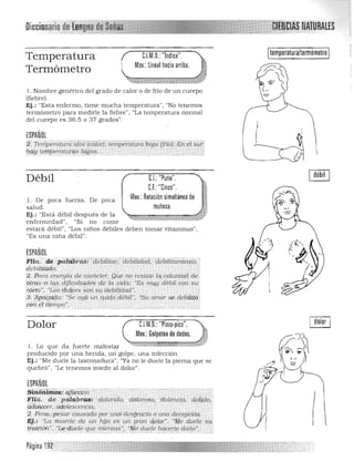 Diccion. ario) .
Temperatura C.l.M.O.: "Indice".
Mov.: lineal hacia arriba.
Termómetro
l . Nombre genérico del grado de calor o de fria de un cuerpo
(fiebre).
Ej.: "Esta enfermo, tiene mucha temperatura". "No tenemos
termómetro para medirle la fiebre", "La temperatura normal
del cu erpo es 36.5 o 37 grados".
ESPAÑOL
:z,"TemperdÍuraai1Ci'tcalor); t.lmperaturdbqfa([lió): .En ei
IJ,d,f,1 letri¡ieraJU((.is qqfll$.. ' ... .' '-', -- -'," .
Débil C.I.:"Puño".
CJ: "Cinco",
Mov: Rotación simultánea de1. De poca fuerza. De poca
salud . muñeca.
Ej.: "Está débil desp u és de la ~-~ .;;;;¡:; .::I ," ...~,..%:.... 1!Iw:::;::;¡;"1. Z;;;;¡..¡¡,
enfermedad", "Si no come
estará débil". "Los niños débiles deben tomar vitaminas",
"Es una niña débil".
ESPAÑOL
Fiía: de ;pa.t~h:l~;Cféi$¡¡¡¡ar.'cfel;¡liidiJ.d, 'dihílitamtertlQ. '
.debilitado. . ; •
2.Foc;(t énergfCJ. de 'cardeler. Qt¡e no resistE,l(t:oo/urudd de
olt.as 'o 19s.. diflCllltqdes de la .uidá: .'Es m'4J'débil.con·$U
iÚétb". "Lóintu¡ces sori Su debtlidad '. '
.s:?FI?aBf.i?!íI: -Seoy{J, Un q<tqo"debil". 'Sú afl1l'¡r se~debilitr/
coit·<;l tieá¡xj"• . . , . . .,,:
Dolor CJM,O.:"Pinza·pico",
Mov.: Golpeteo de dedos.
l . Lo que da fuerte males tar ¿**. ~¡¡~__:.41i~ -~,/ ~-
producido por u na h erida, un golpe. una infección. 

Ej.: "Me duele la lastimadura". "Ya no le duele la pierna que se
quebró", "Le tenemos miedo al dolor".
ESPAÑOL
Sin6titilip,s: .dltiCci')lí'·'

FIla'. de pdlabra:sl :dOlorido, dólorQso: :dolencía. qofi,do, 

ildolecer, a qolesCBm;ia..

2,.pe.na.i,p dllr causadQ por wu:Cd.esgraCia o LUla ~cepcióq,

1!Jj.: "JÁ 1t1Lter:te d~ un hijo es un gran dp(pr", "Me duele Su 

traición"..:l#'.:;¡u.ele ~~e'mi.e'!:taj''t."í-!"~~le /i9flir~~ da{¡o' ,
temperatura/termómetro
¡
i
~
'))
~ ~~
-.-.-..,." ,
 